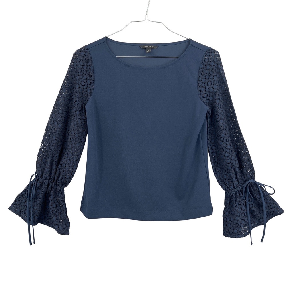Banana Republic Womens‎ Blouse Navy Blue Lace Bell Sleeve Tie Romantic Goth XS